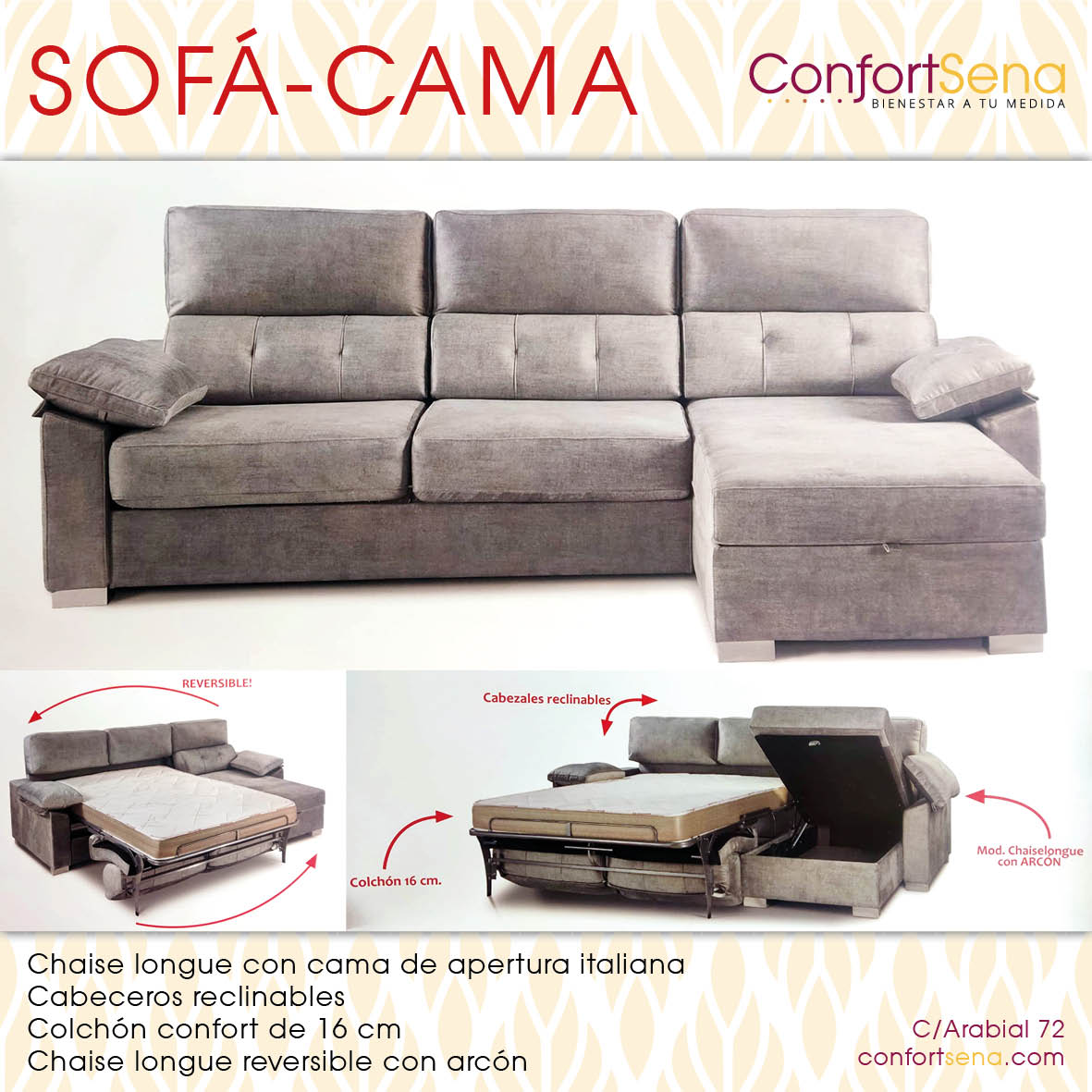 sofa cama granada chaise longue confortsena
